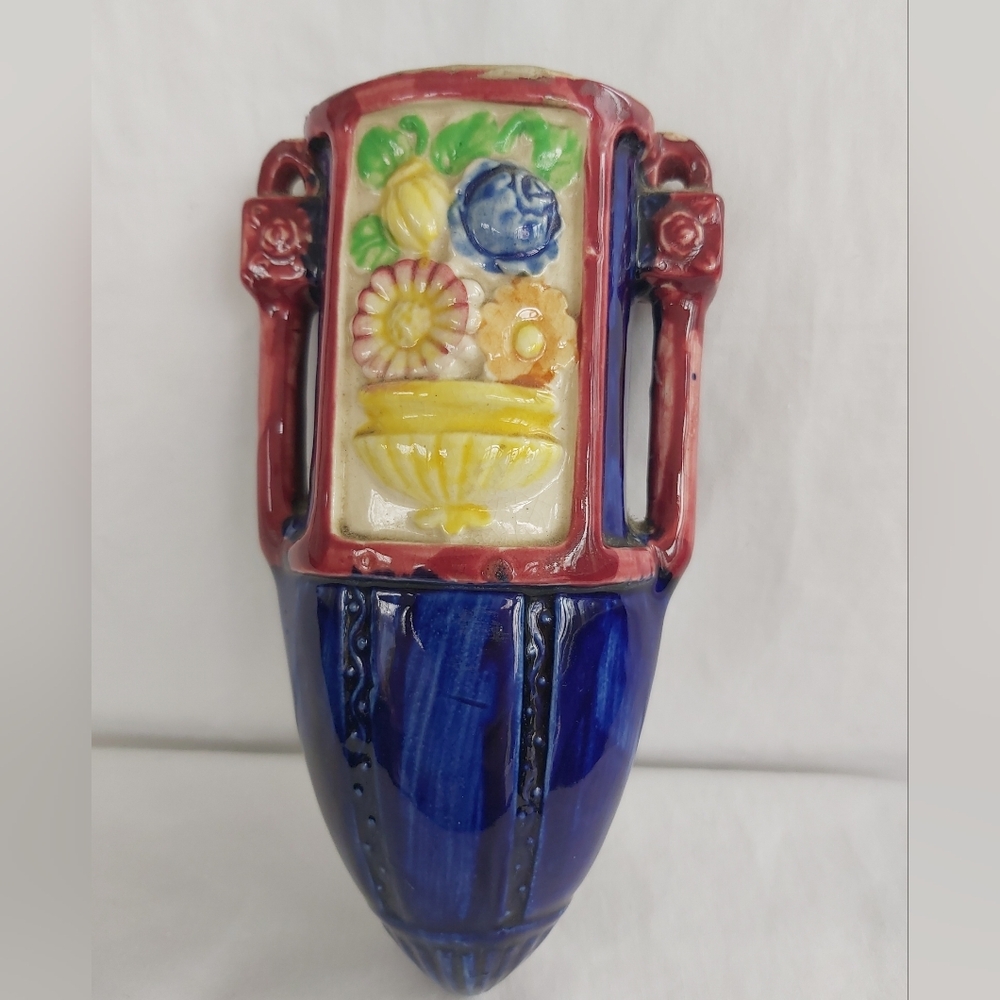 Vintage Ceramic Wall Pocket Vase Planter 7" Cobalt Blue Red Flowers Two Handle